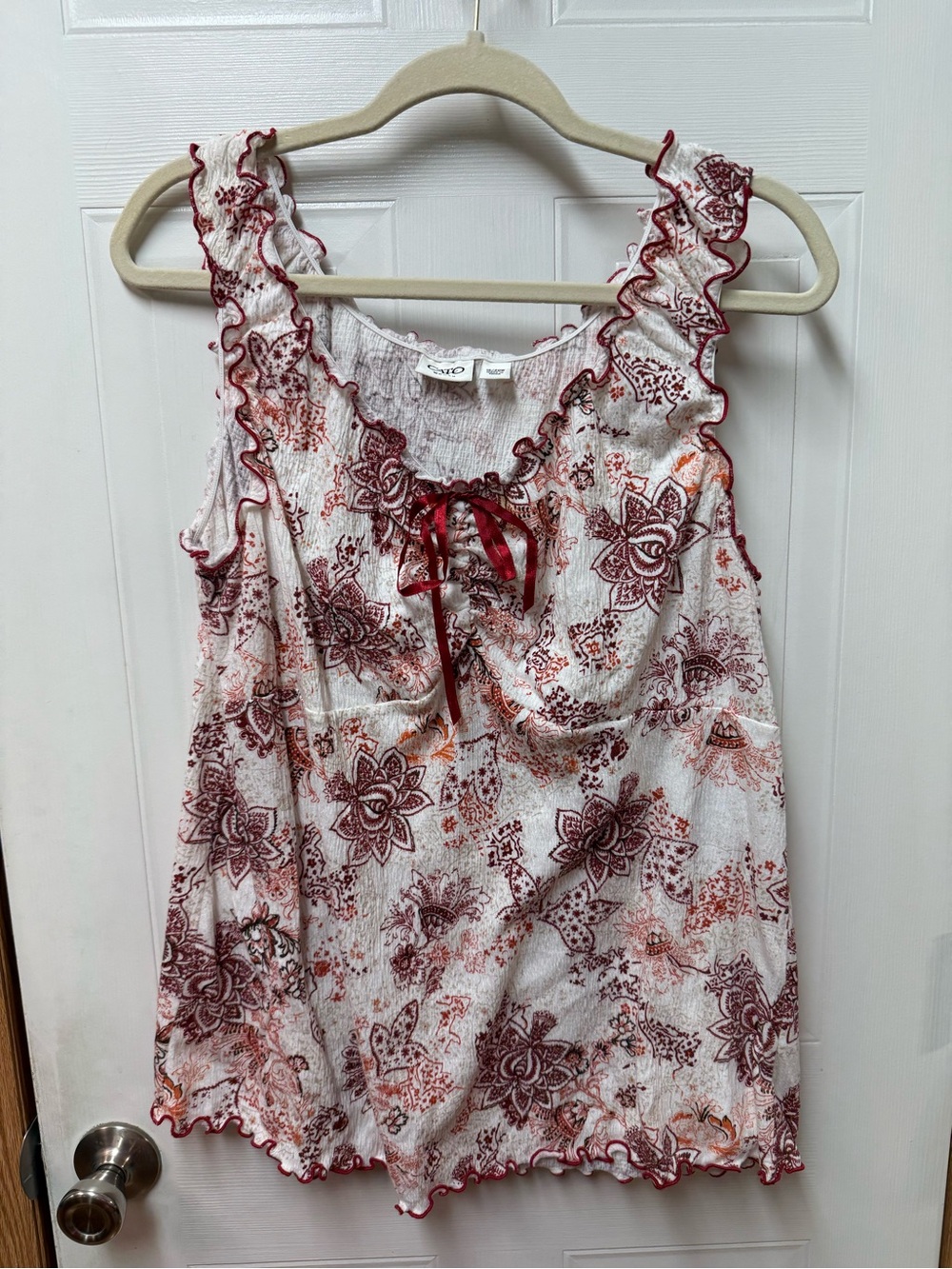 Cato Bohemian Ruffle Trim Lace-Up Front Floral Paisley Tank Top